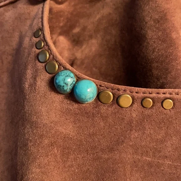 1990s High-waisted Western Suede Pants with Turquoise and Metal Studs - Picture 3 of 10